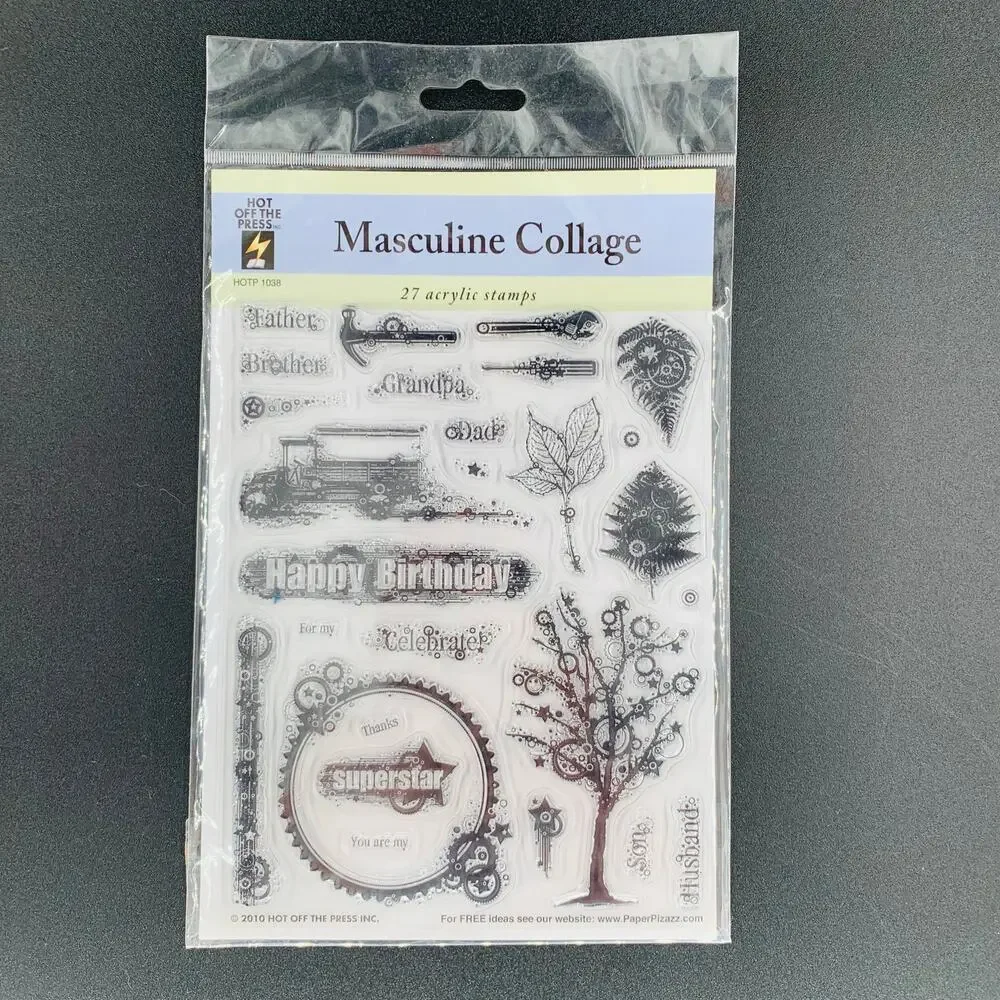 Hot Off The Press Stamps Masculine Collage 27 Acrylic Truck Men Boys Words Leaf